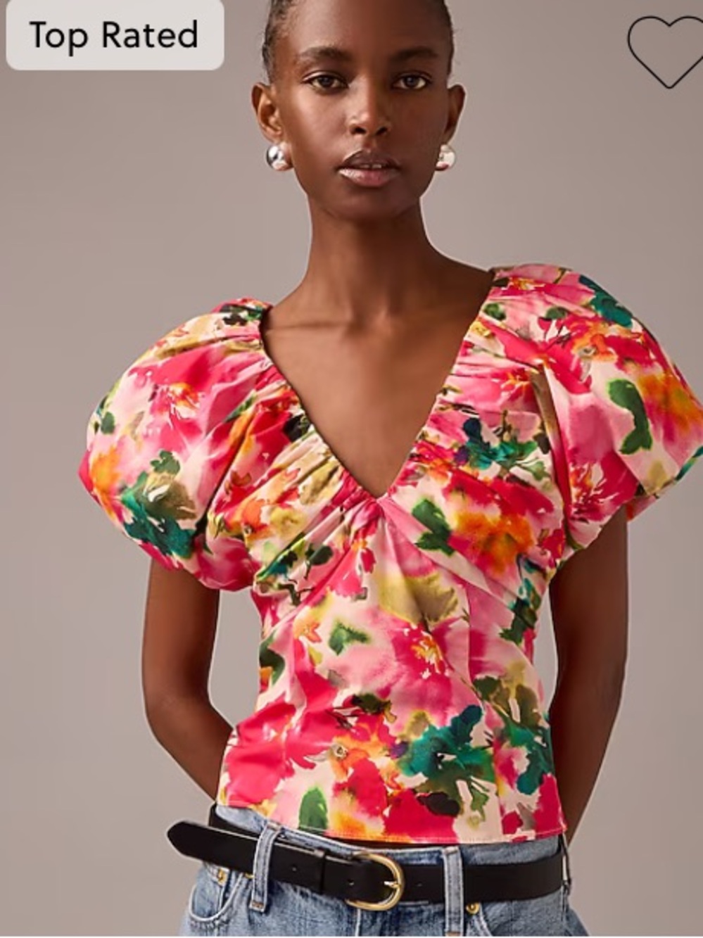 J. Crew Pink Multi Floral Puff Sleeve V-Neck Top